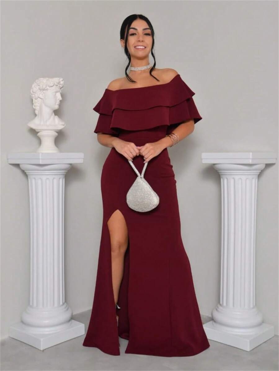 Formal Dress Off Shoulder Thigh Split Panty Dress Up Lurex Fabric - 酒紅色 - 查看 1