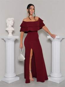 Formal Dress Off Shoulder Thigh Split Panty Dress Up Lurex Fabric - 酒紅色 - 查看 2