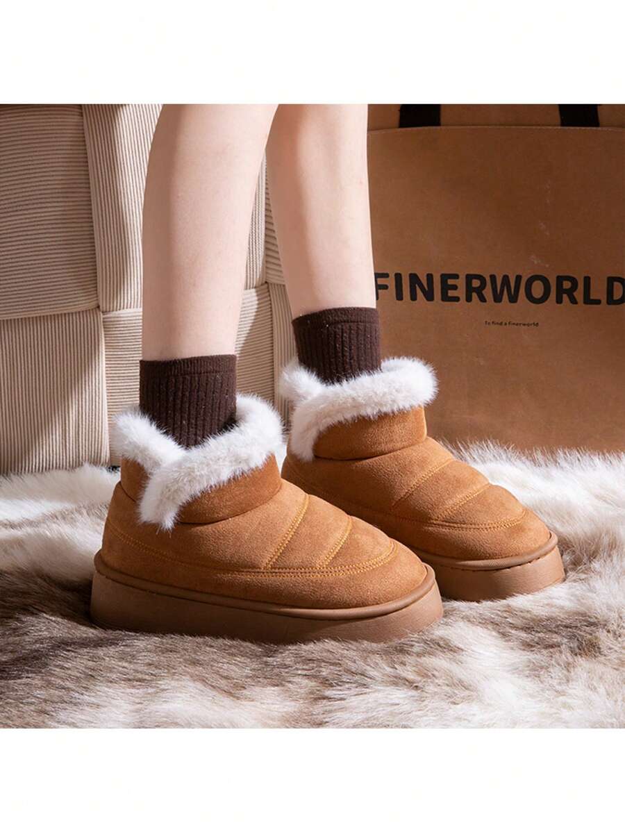 女式简约厚底雪地靴，韩版休闲一脚蹬冬季保暖冬鞋 - 棕色 - 查看 1