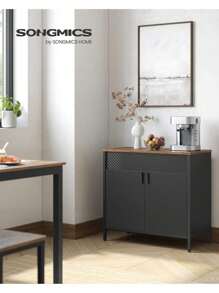 SONGMICS Storage Cabinet, Metal Cabinet With Double Doors, Magnetic Closure, Adjustable Shelf, Steel Frame, Rustic Brown And Black
