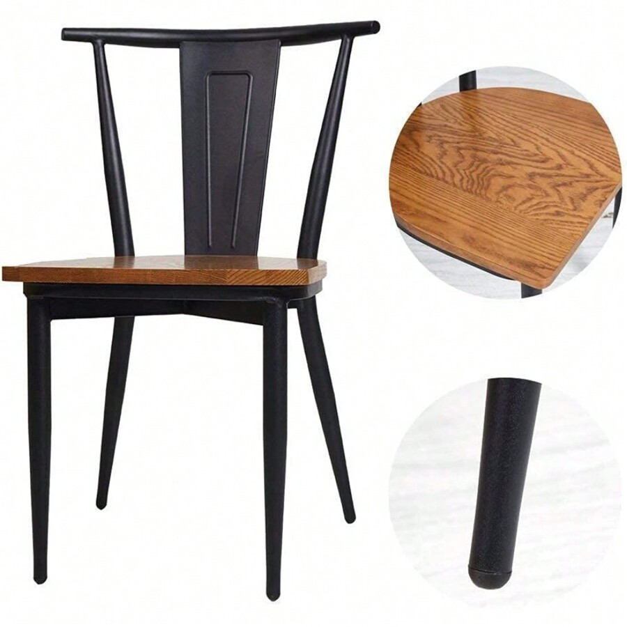 Stylish Set Of 2 Metal Chairs With Solid Wood Seat For Dining Rooms And