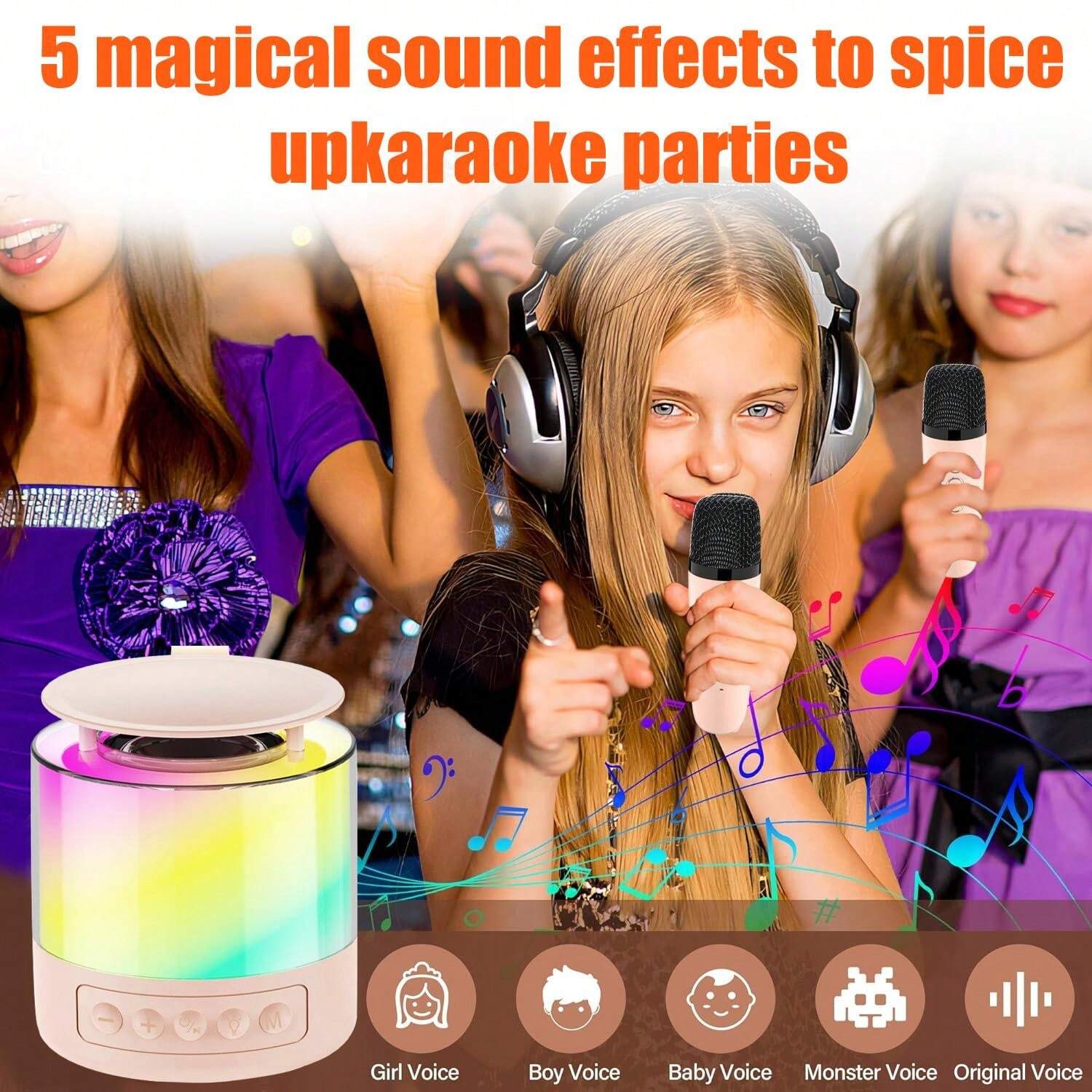 Kids Karaoke Machine Portable Speaker With 2 Wireless Mics Disco Lights