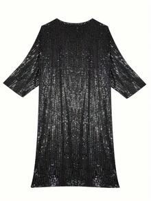 Sequin Patchwork Batwing Sleeves Casual Versatile Long Coat Black Spring - Black - View 2