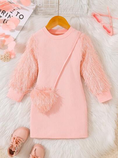 Young Girl Stylish Pink Elegant Flared Sleeve Tassel Heart Decor Fitted Dress For Party, Holiday, Casual Wear, Spring Autumn