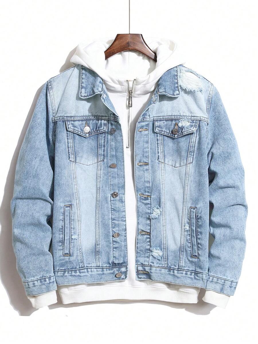 1pc Casual Faded Denim Fitted Jacket For Men - Light Wash - View 1