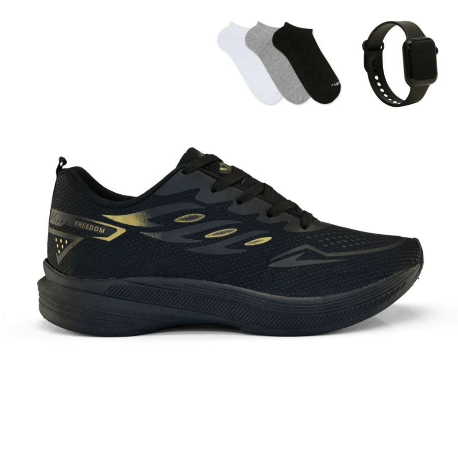 Bodybuilding Kit Men's Tennis Shoes + Watch + SOCKS Gym Running Walking Sports Training Work - 黑色/金色/黑色 - 查看 1