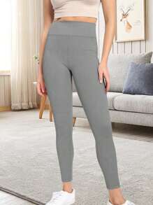 Quần legging cạp cao màu trơn dành cho nữ, quần thể thao co giãn. - Màu xám đen - Xem 4