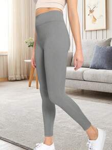 Quần legging cạp cao màu trơn dành cho nữ, quần thể thao co giãn. - Màu xám đen - Xem 5