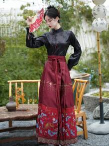 Glamorous Chinese Style Spring Burgundy Gold Woven Vintage Ming Dynasty Horse-Face Skirt Chinese Red For Chinese Wedding, Chinese Newyear, Daily, Street, Commuting, Home And Other Occasions To Wear Costumes Hanfu Bottoms - Burgundy - View 6