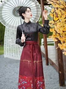 Glamorous Chinese Style Spring Burgundy Gold Woven Vintage Ming Dynasty Horse-Face Skirt Chinese Red For Chinese Wedding, Chinese Newyear, Daily, Street, Commuting, Home And Other Occasions To Wear Costumes Hanfu Bottoms - Burgundy - View 2