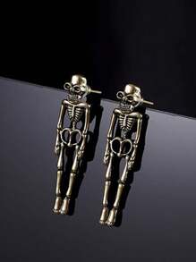 1 Par Pendientes Colgantes De Calavera/Esqueleto De Halloween Para Mujer De Estilo Minimalista, Joyería Gótica De Moda, Regalo De Halloween, Hip Hop, Rock, Pendientes Colgantes Geniales - Dorado - Ver 3