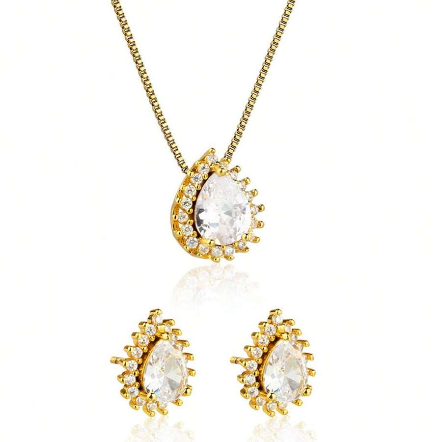 18K GOLD PLATED NECKLACE WITH ZIRCONIA DROP STUDDED 35X5mm - Vàng - Xem 1