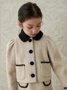 Toamna/Iarna 2024 Nou costum 2 buc pentru fetiță, jachetă cu guler Peter Pan și fustă brodată în formă de A - Caisă - Vizualizare 6