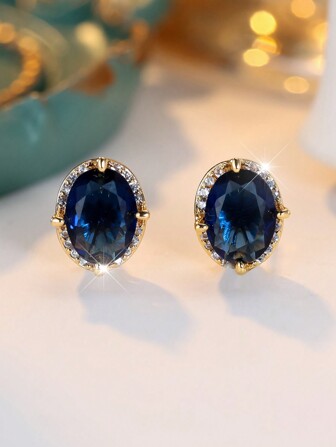 Elegantes aretes ovalados de mujer azul marino con circonita cúbica, de lujo para bodas, fiestas, días festivos y uso diario, adecuados para todas las estaciones