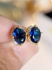 优雅椭圆形海军蓝方晶锆石女士耳环，奢华，适合婚礼、派对、节日和日常佩戴，适合所有季节 - 寶藍色 - 查看 3