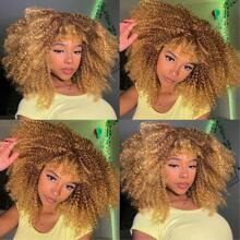 Women's Curly Wig, African Afro Kinky Curly Wig With Bangs, Synthetic Fiber, Long Fluffy Curly Hair, No Glue - Blonde Ombre - View 6