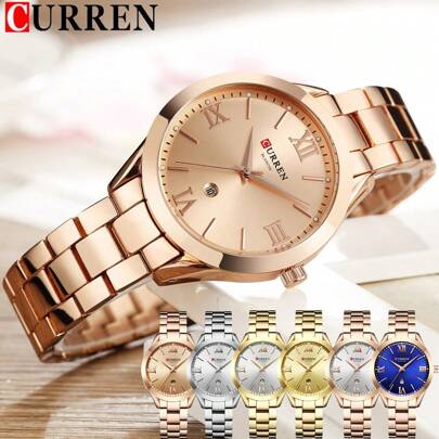 Curren Relógio Feminino de Moda CURREN Marca Superior Senhora de Luxo Clássico Relógio de Pulso de Menina Pulseira de Aço Inoxidável Simples Original à Prova D"Água Função de Data Automática Relógio Feminino Presente 9007