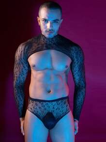 男士性感网纱透明豹纹长袖紧身衣，镂空修身内衣 - 黑色 - 查看 2