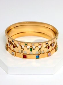 Bracelet rigide élégant plaqué or 18 carats en acier inoxydable avec cubic zirconia colorés, bijou pour femmes, style européen et américain, convient pour les occasions décontractées, les fêtes, les vacances, mariage, cadeau