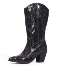 Women's Sequin Mid Calf Western Cowboy Boots High Fashion Pull On Zipper Pointed Toe Embroidered Tall Cowgirl Boots Fall Winter Red  Heels Christmas Halloween Party Shoes Women - Black - View 6