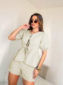 Set/ Shorts With Elastic Waist/ Long Sleeve Blouse/ Bows On The Front/ Set27 - 米色 - 查看 1