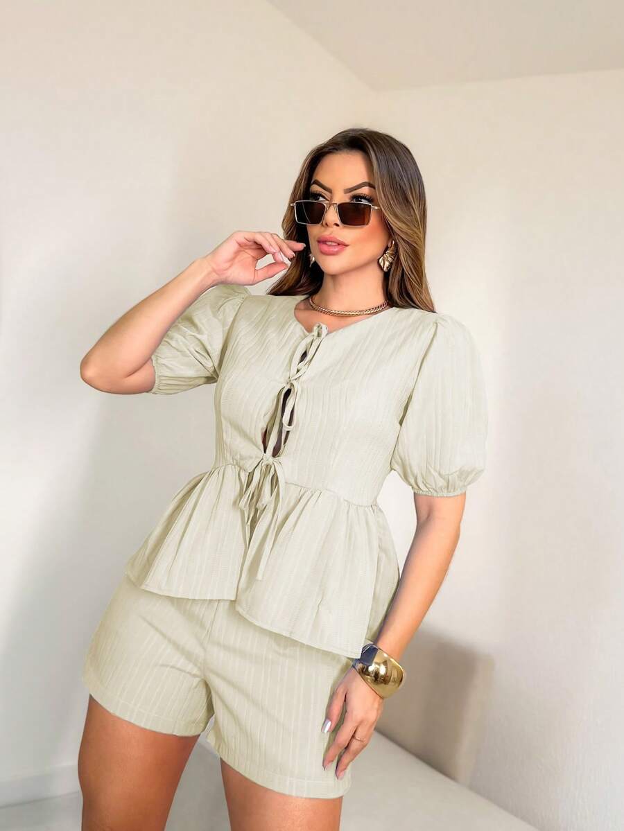 Set/ Shorts With Elastic Waist/ Long Sleeve Blouse/ Bows On The Front/ Set27 - 米色 - 查看 1