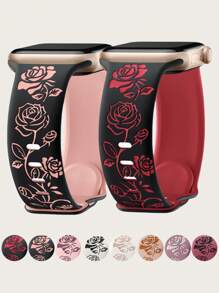 花卉雕刻表带与 Apple Watch 表带兼容，适用于 40 毫米 41 毫米 42 毫米 38 毫米 44 毫米 45 毫米 46 毫米 49 毫米，双色柔软硅胶可爱玫瑰花朵图案运动表带与 Apple Watch Series 10 9 8 7 6 5 4 3 2 1 Ultra SE 女款兼容 - 44/45/46/49/(42mm-Series 3 2 1) - 查看 13