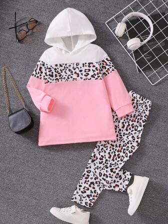 2 件套年轻女孩纯色拼布豹纹长袖连帽衫和豹纹直筒裤，秋冬