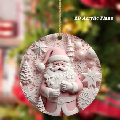 1 ST Rosa Santa Claus 2D Platt Akryl Rund Dekorativ Hängning För Julgransdekoration Juldekoration, Semesterrum Vardagsrum Kök Matrumsdekoration, Balkong Fönsterglasdekoration Hängande dekoration, Julhemsfestdekoration, Vännersfestdekoration