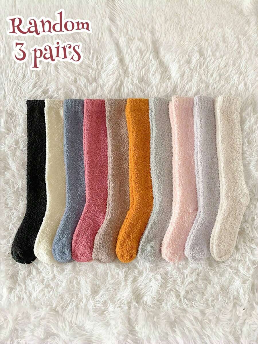 3 Cặp Vớ giữ ấm chân dài đến đầu gối bằng nhung san hô màu trơn mùa đông cho cả nam và nữ, ngẫu nhiên, dùng để ngủ và mặc ở nhà - Nhiều màu - Xem 1