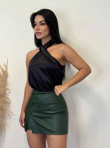 Short Leather Skirt With 4 Buttons And Side Zipper - màu xanh lá - Xem 2