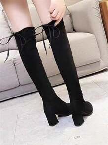 尖头百搭粗跟马靴，西部牛仔过膝靴，仿麂皮 - 黑色 - 查看 5