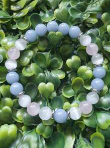 1pc Bohemian Style Beaded Bracelet, 8mm Aquamarine, Rose Quartz, Selenite, Elastic Beaded, Yoga Meditation Jewelry, Unisex, Meaning Good Luck, Love, Calmness, Wealth, Friendship - Multicolor - View 2