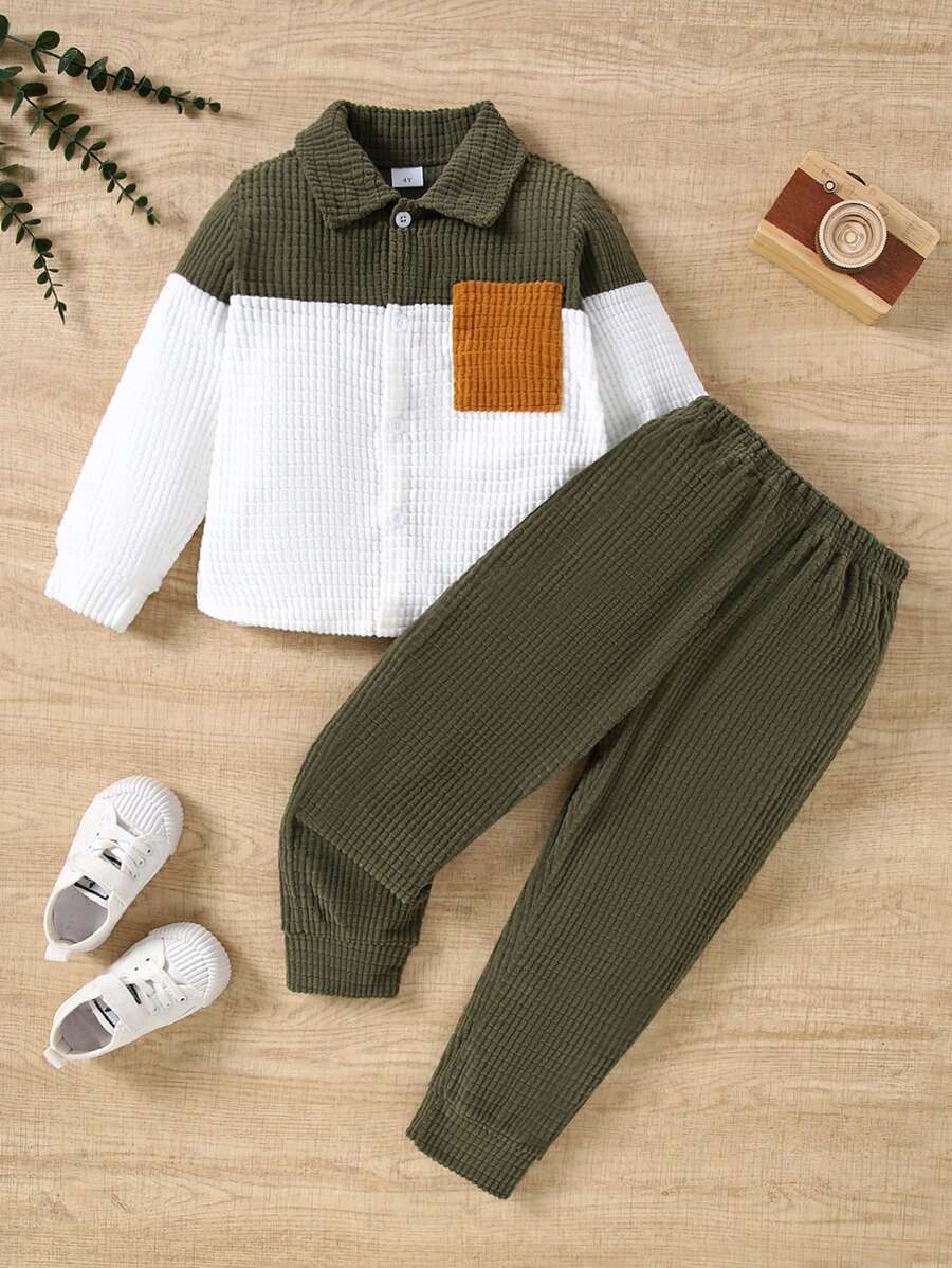 2 件套年轻男孩翻领口袋休闲拼布长袖夹克和纯色裤子，秋冬 - 彩色 - 查看 1