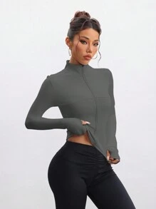 FWH 女士时尚瑜伽户外跑步通勤约会防晒必备弹力舒适背部塑身腹部瘦身健身复古高端街头优雅运动服跑步健身服拉链弹力简约时尚性感修身长袖瑜伽外套