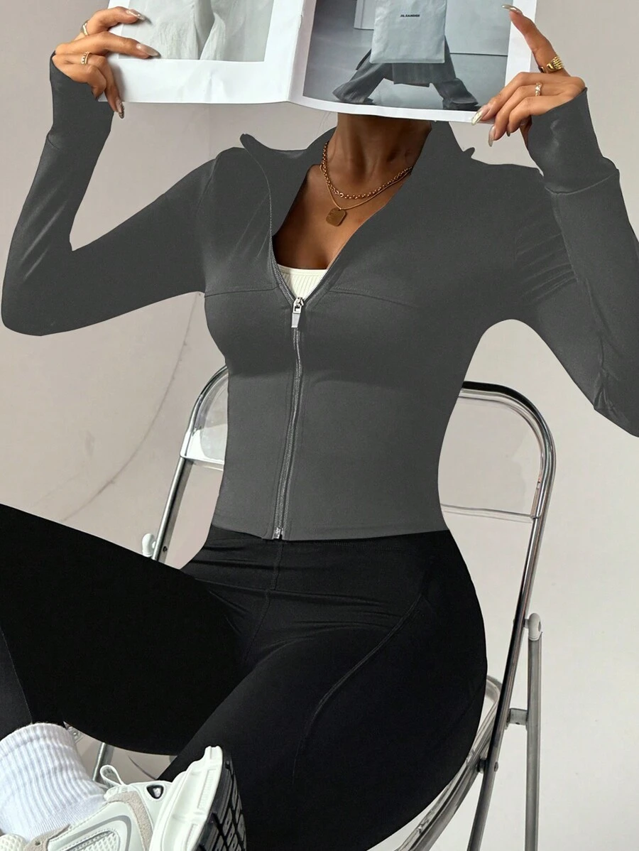 FWH 女士时尚瑜伽户外跑步通勤约会防晒必备弹力舒适背部塑身腹部瘦身健身复古高端街头优雅运动服跑步健身服拉链弹力简约时尚性感修身长袖瑜伽外套