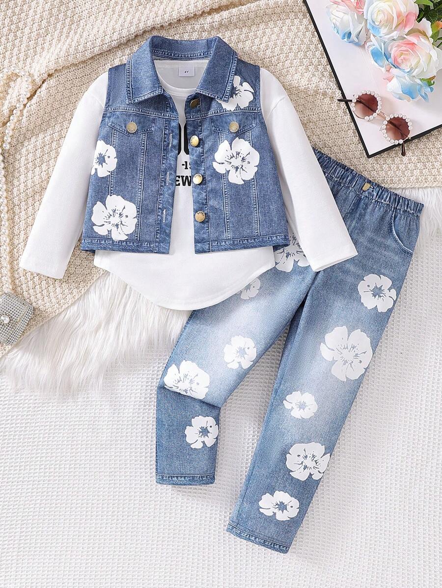 3 件套年轻女孩牛仔效果服装，包括夹克、运动衫和裤子，适合秋季