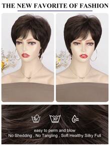 Short Brown Pixie Wig For Women Pixie Cut Wigs Straight Layered Natural Synthetic Wig With Bangs Heat Resistant Replacement Cosplay Wig