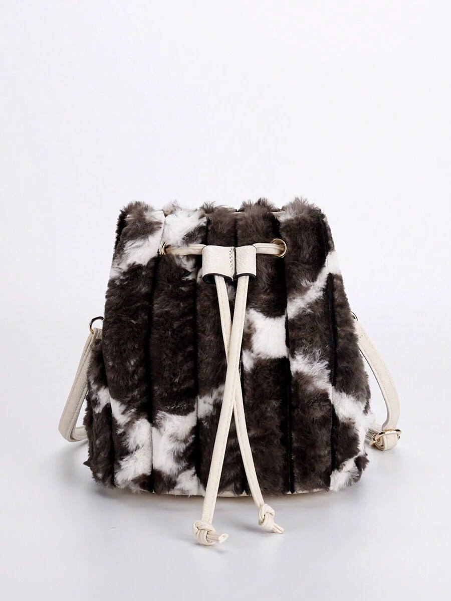 迷你毛绒水桶包，女士休闲配色拼布毛皮斜挎包，牛纹抽绳单肩包，适合日常、旅行、礼物、大学、节日。 - 彩色 - 查看 1