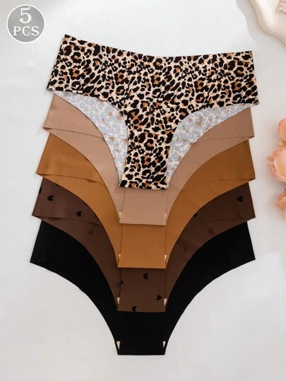 5pcs/Pack Women Sexy Seamless Adhesive Breathable Triangle Panties, Multi-Color