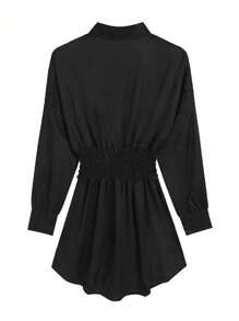 Women's Elegant Solid Color Pleated Waist Long Sleeve Shirt Dress For Commuting, Spring/Summer - Black - View 4