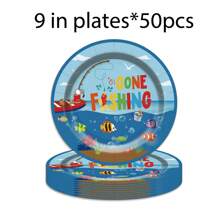 80 件/套海洋捕鱼主题一次性派对餐具套装，包括纸盘、甜点盘、纸杯、餐巾，适用于生日派对、家庭聚会 - 彩色 - 查看 6