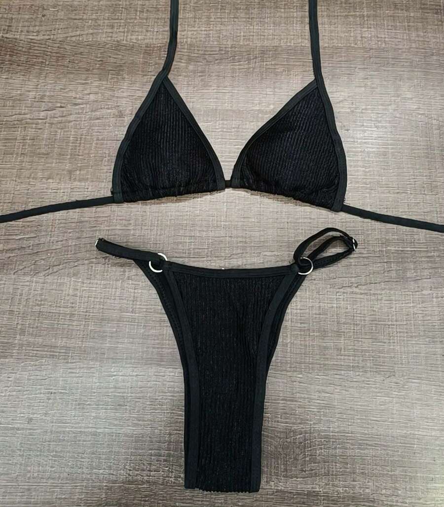 Women's Triangle Bikini Set With Adjusting Panties - 黑色 - 查看 1