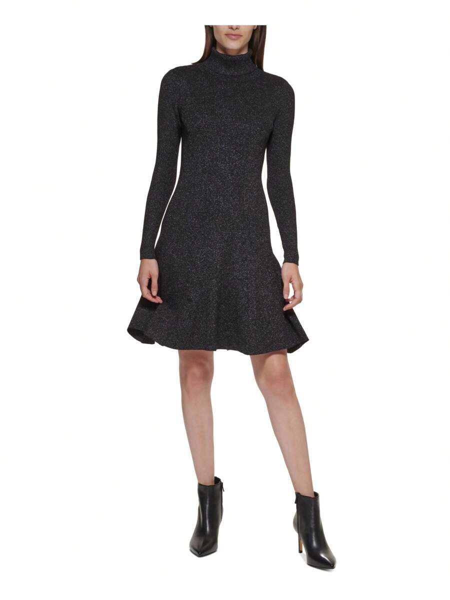 CALVIN KLEIN Womens Knit Long Sleeve Turtle Neck Above The Knee Party Fit + Flare Dress - màu đen - Xem 1
