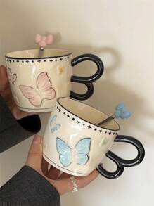1pc Ins风格手绘梦幻蝴蝶陶瓷杯，双色釉蝴蝶设计拿铁杯，家用下午茶咖啡杯牛奶杯水杯果汁杯礼品杯返校