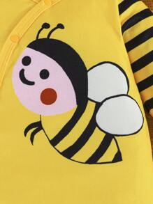 Baby Girl Casual Cute Cartoon Bee Button Jumpsuit And Hat 2pcs Set