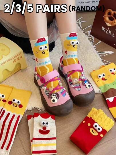 2/3/5 paia di calze da donna, per tutte le stagioni, con motivi casuali e divertenti di hamburger, patatine fritte, salsicce e altri simboli di fast food, occhi, bambole, morbide e alla moda, che coprono la caviglia