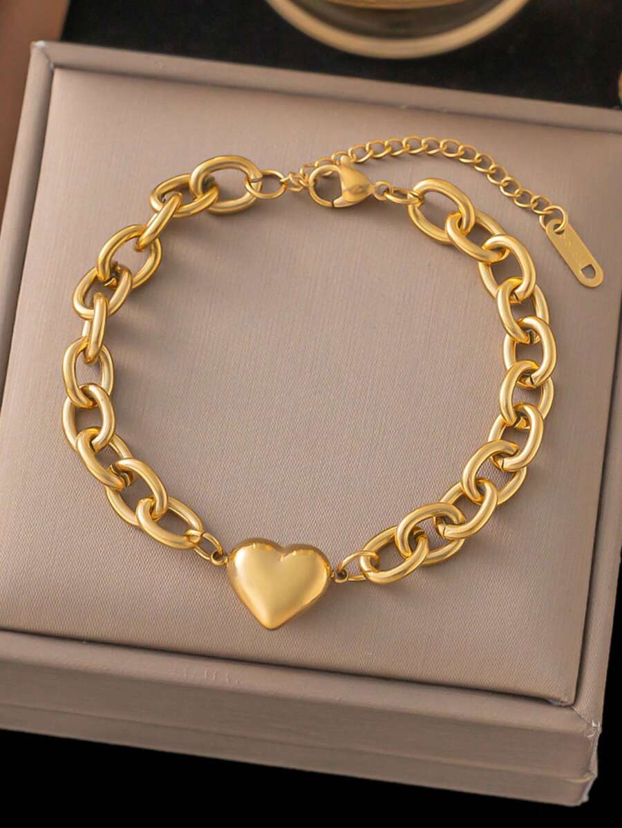 1pc Fashionable 2024 INS Style Golden Chain Heart Pendant Bracelet