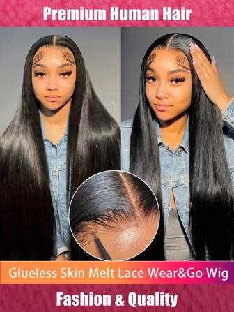 Glueless Skin Melt Lace Front Silky Straight Wig Remy Human Hair 180% Density Fuller Wig Wear & Go 4x4 Lace Closure Wigs Natural Black Color Pre Cut Lace Closure Wigs Preplucked Melted Hairline Silky Bone Straight Beginner Friendly For Women