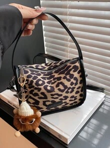 时尚圆形水桶大容量纯色豹纹印花托特包单肩包 - 卡其色 - 查看 2